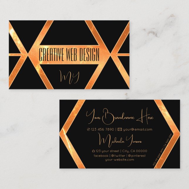 Eye Catcher Coral Black Geometric with Monogram Business Card (Front/Back)