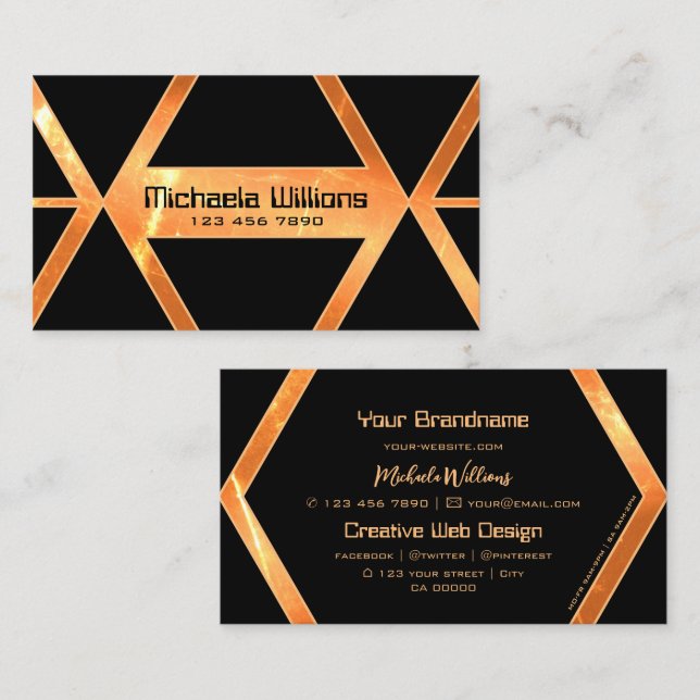 Eye Catcher Shimmery Coral Orange Black Geometric Business Card (Front/Back)