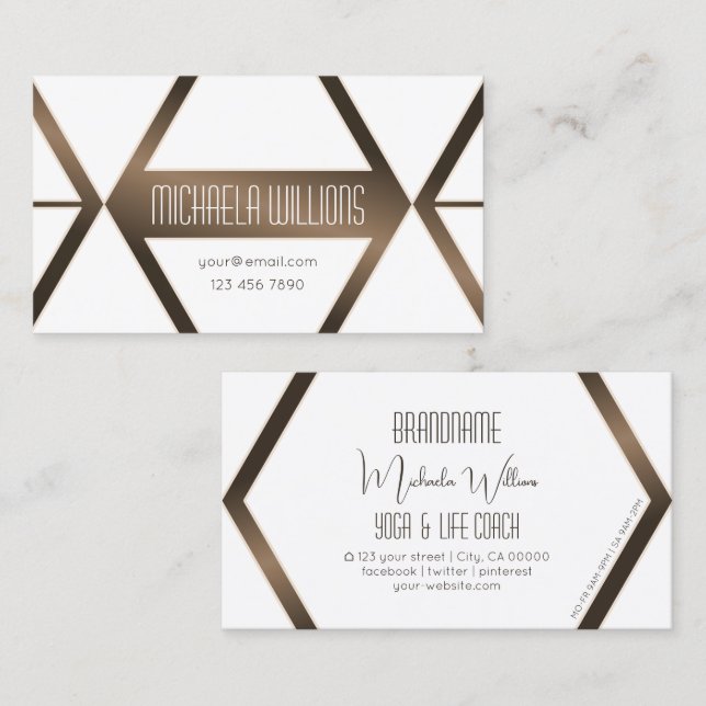 Eye Catcher White Geometric Brown Shimmer Modern Business Card (Front/Back)
