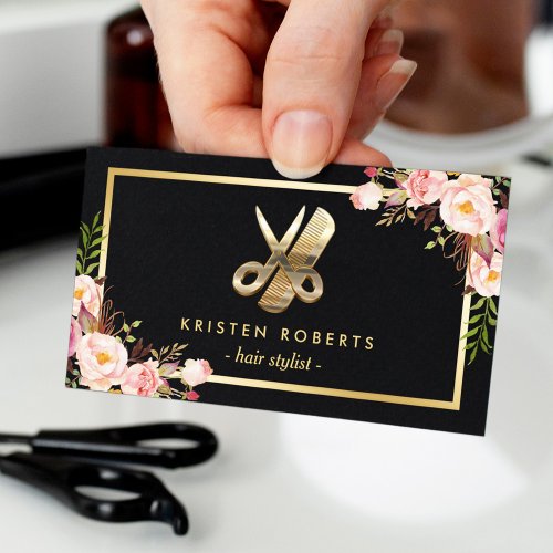 Eye Catching 3D Gold Scissors Hair Stylist Floral Business Card