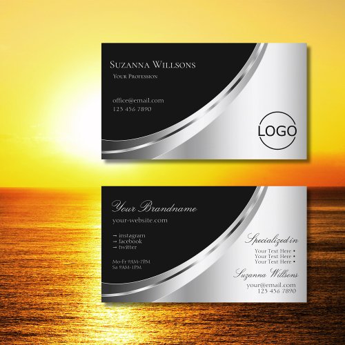 Eye Catching Black and Silver Glam Decor with Logo Business Card