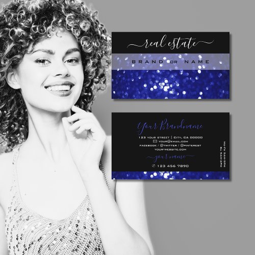 Eye Catching Black Blue Sparkling Glitter Shimmery Business Card