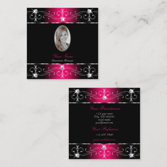 Eye Catching Black Pink Ornate Ornaments Add Photo Square Business Card (Front/Back)