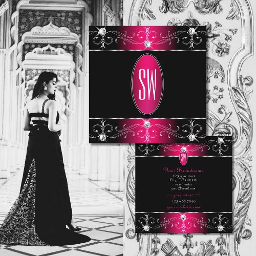 Eye Catching Black Pink Ornate Ornaments Monogram Square Business Card