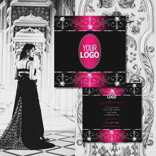 Eye Catching Black Pink Ornate Ornaments with Logo Square Business Card