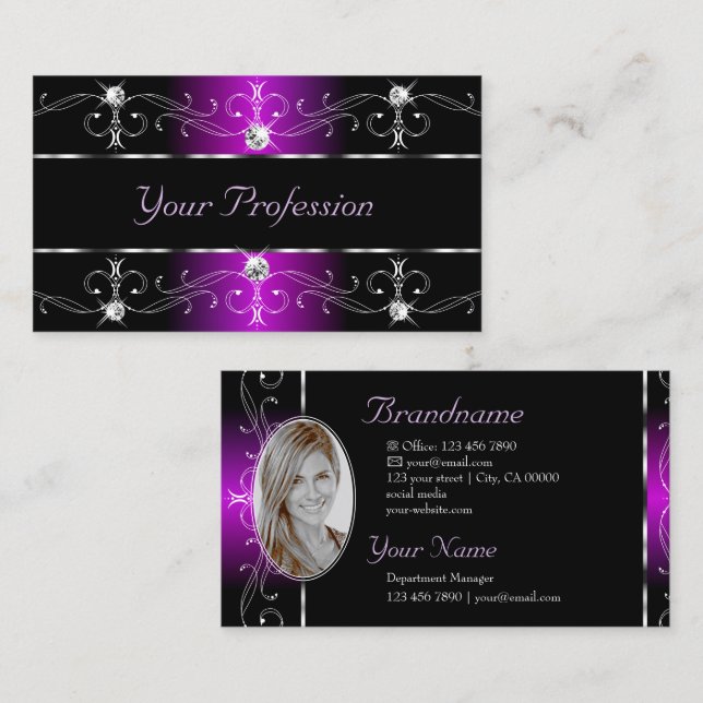 Eye Catching Black Purple Ornate Borders Add Photo Business Card (Front/Back)