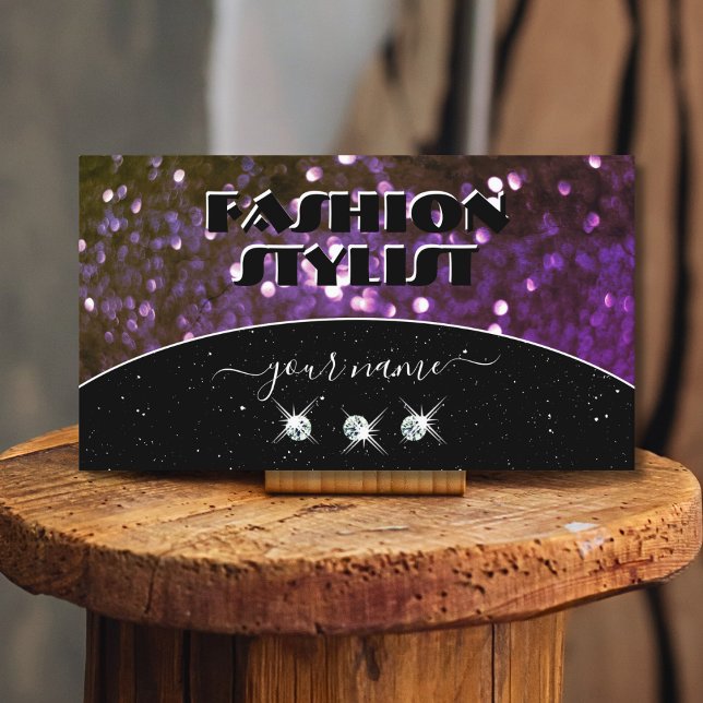 Eye Catching Black Purple Sparkle Glitter Diamonds Business Card (Creator Uploaded)