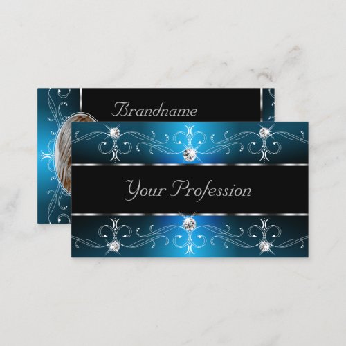 Eye Catching Black Teal Ornate Borders with Photo Business Card