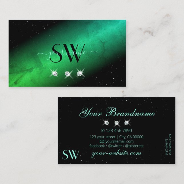 Eye Catching Black Teal Sparkling Jewels Monogram Business Card (Front/Back)