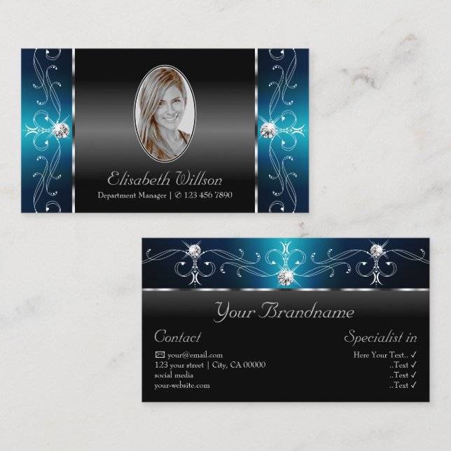 Eye Catching Black Teal Squiggled Jewels Add Photo Business Card (Front/Back)