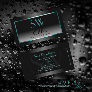 Eye Catching Black White Gradient Monogram Teal Business Card