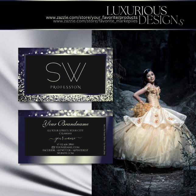 Eye Catching Blue Silver Ombre Glitter Monogram Business Card (Creator Uploaded)