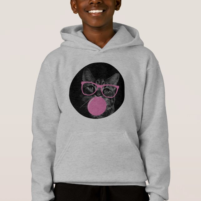 eye-catching cat pink glasses and chewing gum hoodie (Front)