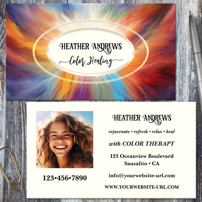 Eye Catching Color Healing Business Card (Business card featuring a colorful and vibrant design with a light center - healer - color therapy)