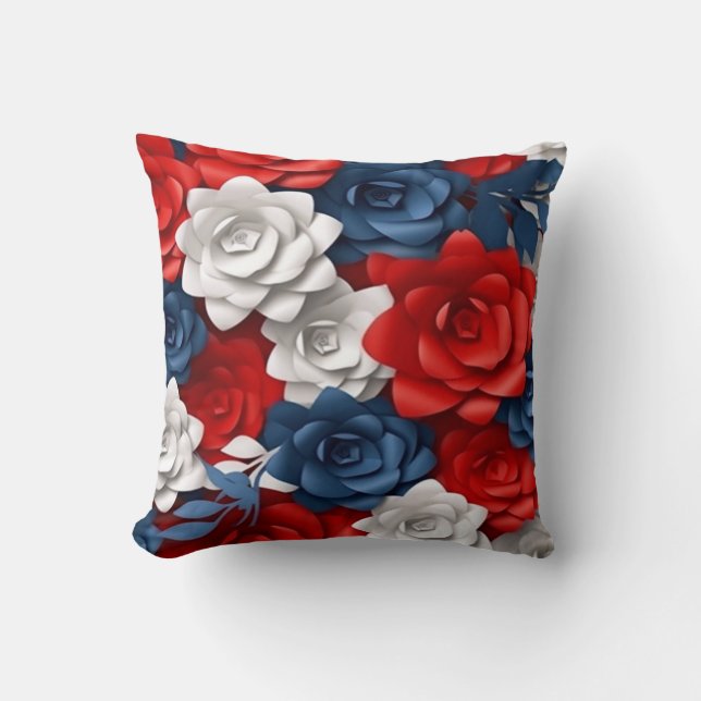 Eye Catching Floral Red White Blue Flower Garden Throw Pillow (Front)