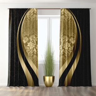 Eye-Catching Gold Black Damask Dynamic Lines Blackout Curtains