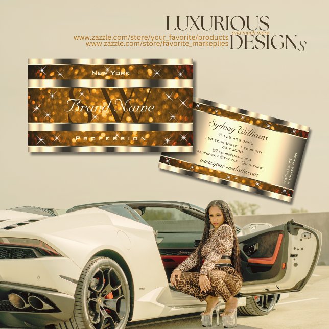 Eye Catching Gold Orange Glitter Stars Monogram Business Card (Creator Uploaded)