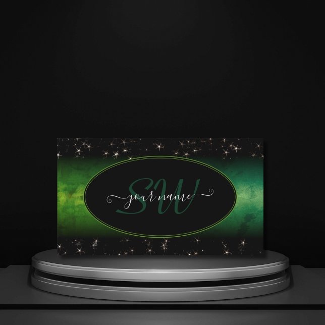 Eye Catching Green Black Glitter Stars Initials Business Card (Creator Uploaded)