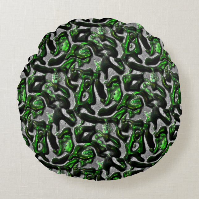 Eye-catching lime green texture carved in gray round pillow (Front)
