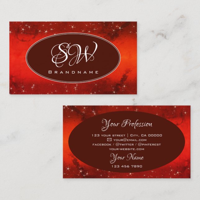 Eye Catching Marbled Red Glitter Stars Initials Business Card (Front/Back)