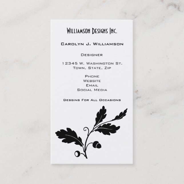 Eye Catching Oak Leaf Design Black White Floral Business Card (Front)