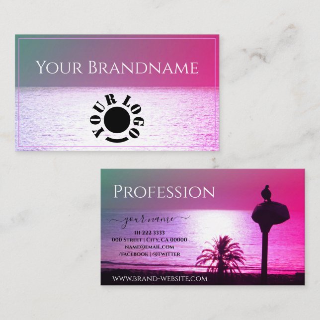 Eye Catching Pastel Ocean Pink Sunset Custom Logo Business Card (Front/Back)