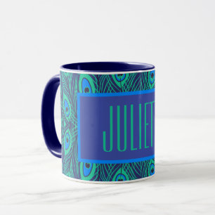 EYE-CATCHING PEACOCK FEATHERS DESIGN IN BLUE GREEN MUG