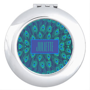 Eye Catching Peacock Teal & Blue Personalized Compact Mirror