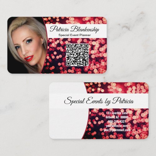 Eye-Catching Red Bokeh Custom Photo & QR Code Business Card