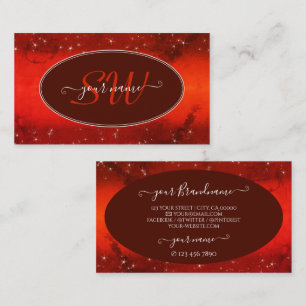 Eye Catching Red Marbled Glitter Stars Monogram Business Card