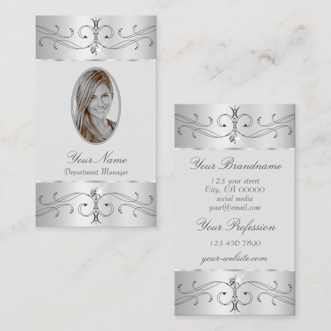 Eye Catching Silver Gray Ornate Ornaments Add Foto Business Card (Front/Back)