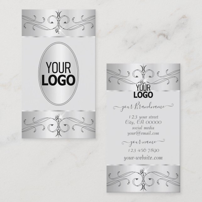 Eye Catching Silver Gray Ornate Ornaments Add Logo Business Card (Front/Back)
