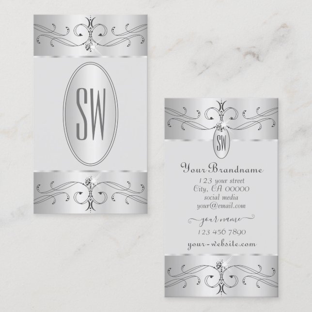 Eye Catching Silver Gray Ornate Ornaments Initials Business Card (Front/Back)