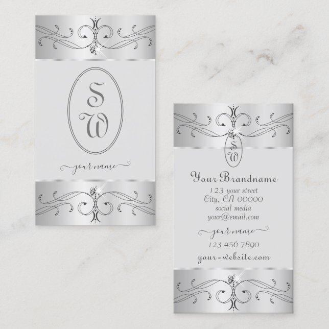 Eye Catching Silver Gray Ornate Ornaments Monogram Business Card (Front/Back)