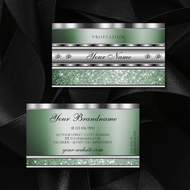 Eye Catching Silver Green Sparkle Glitter Diamonds Business Card (Creator Uploaded)