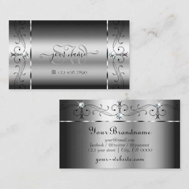 Eye Catching Silver Jewels Squiggled with Monogram Business Card (Front/Back)