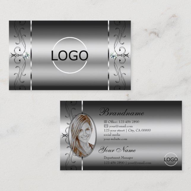 Eye Catching Silver Squiggled Jewels Logo and Foto Business Card (Front/Back)