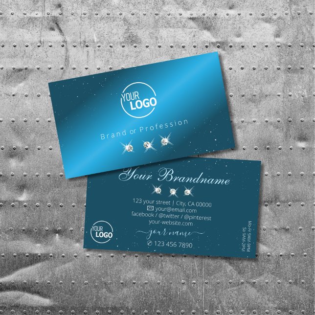 Eye Catching Teal Blue Sparkling Diamonds Add Logo Business Card (Creator Uploaded)