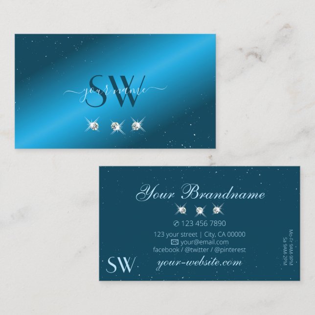 Eye Catching Teal Blue Sparkling Diamonds Initials Business Card (Front/Back)