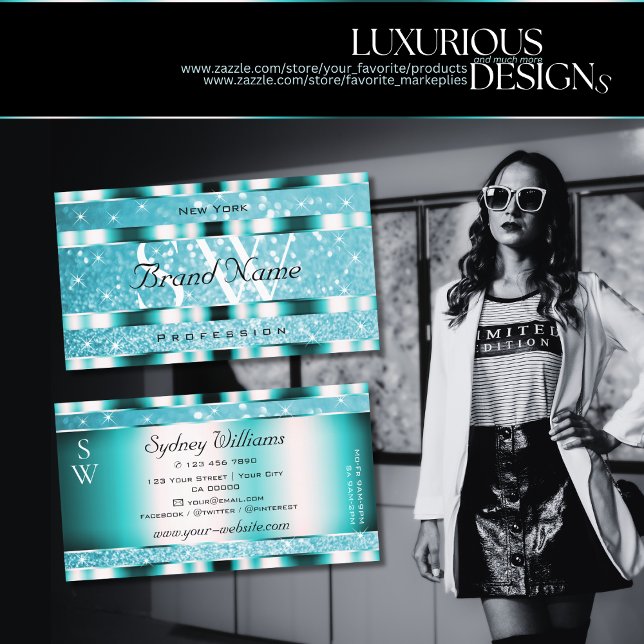 Eye Catching Teal Glitter Sparkle Stars Monogram Business Card (Creator Uploaded)