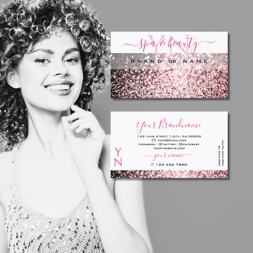 Eye Catching White Pink Sparkling Glitter Monogram Business Card
