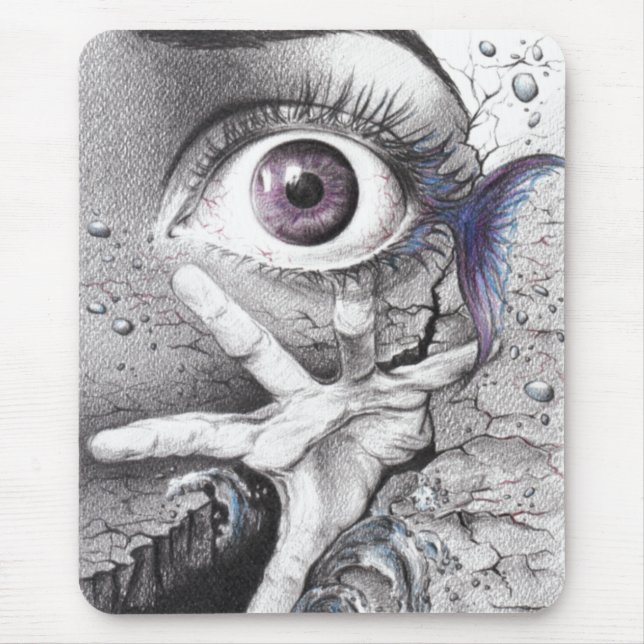 Eye fish and hand Dark Surreal pencil drawing art Mouse Pad (Front)