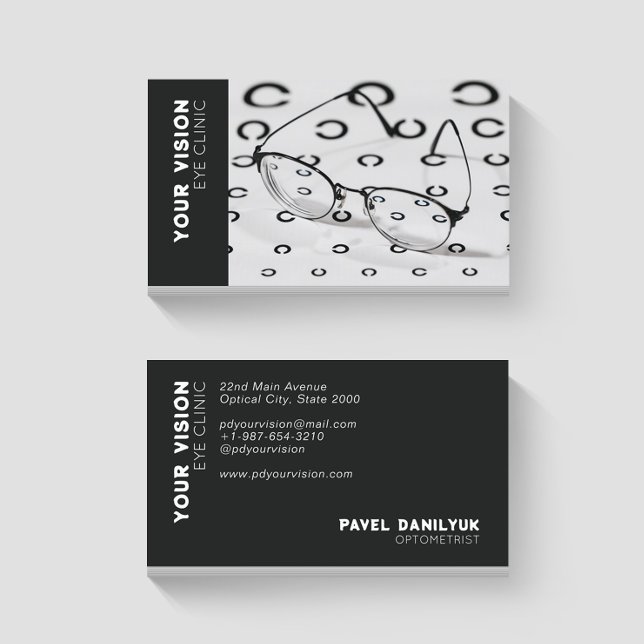 Eye Glasses, Test Chart Optometrist Black & White Business Card (Creator Uploaded)
