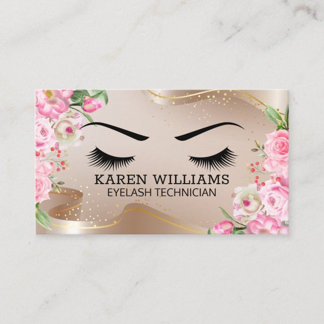 Eye Lash | Gold Ribbon | Pink Flowers Business Card (Front)