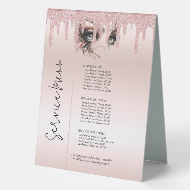 Eye Lashes Blush Pink Dripping Glitter Price List Table Tent (Back)