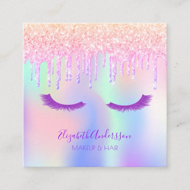 Eye lashes iridescent pink glitter makeup artist square business card (Front)