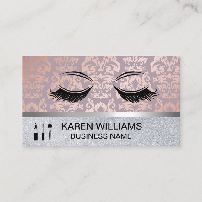 Eye Lashes Rose Gold Damask Pattern | Glitter Business Card (Front)