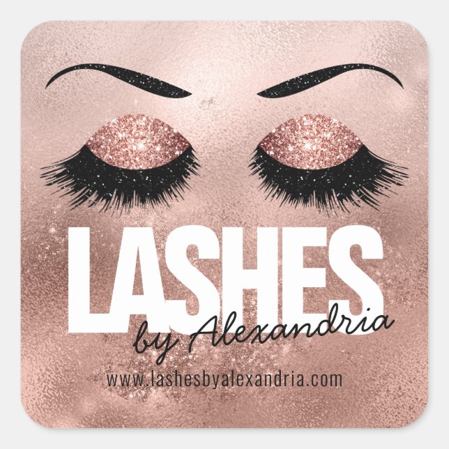 Eye Lashes Rose Gold Sparkle Glitter Beauty Logo Square Sticker (Front)