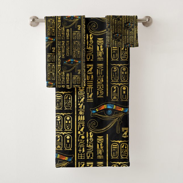 Eye of Horus and Egyptian hieroglyphs pattern Bath Towel Set (Insitu)