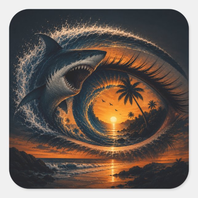 Eye of the Wave – Surreal Shark Sunset Square Sticker (Front)